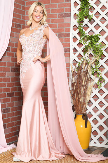 Strap One Shoulder 3D Floral Applique Mermaid Long Evening & Prom Dress AC388-1