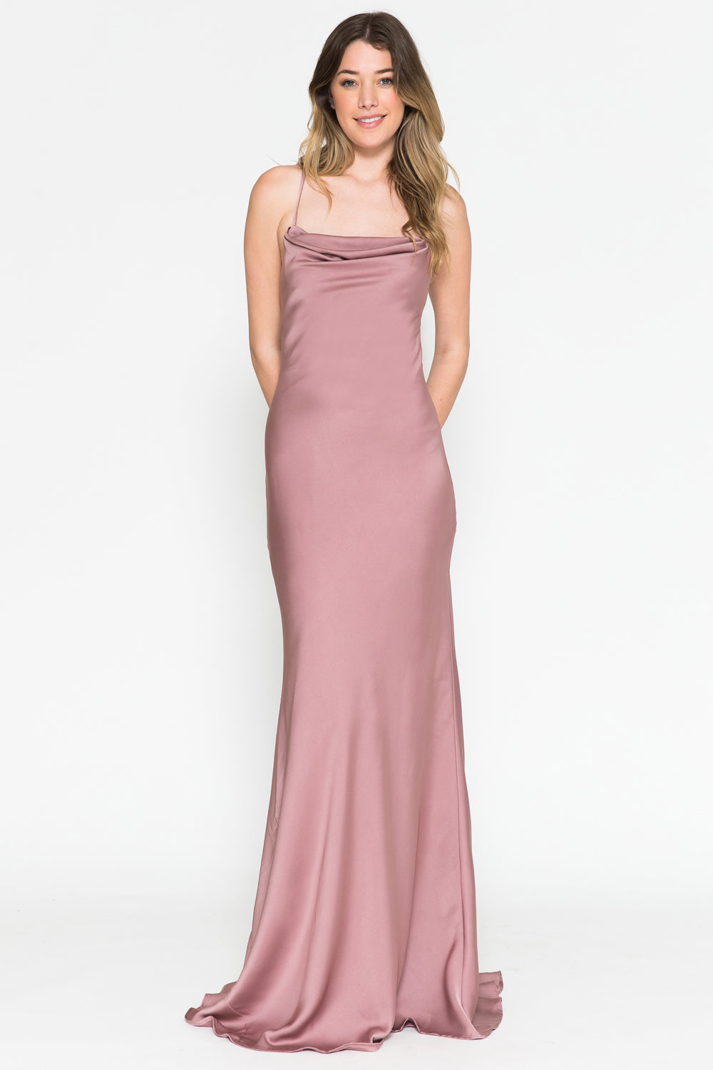 Cowl Neck Spaghetti Straps Satin Long Wedding & Evening Dress AC6111-5