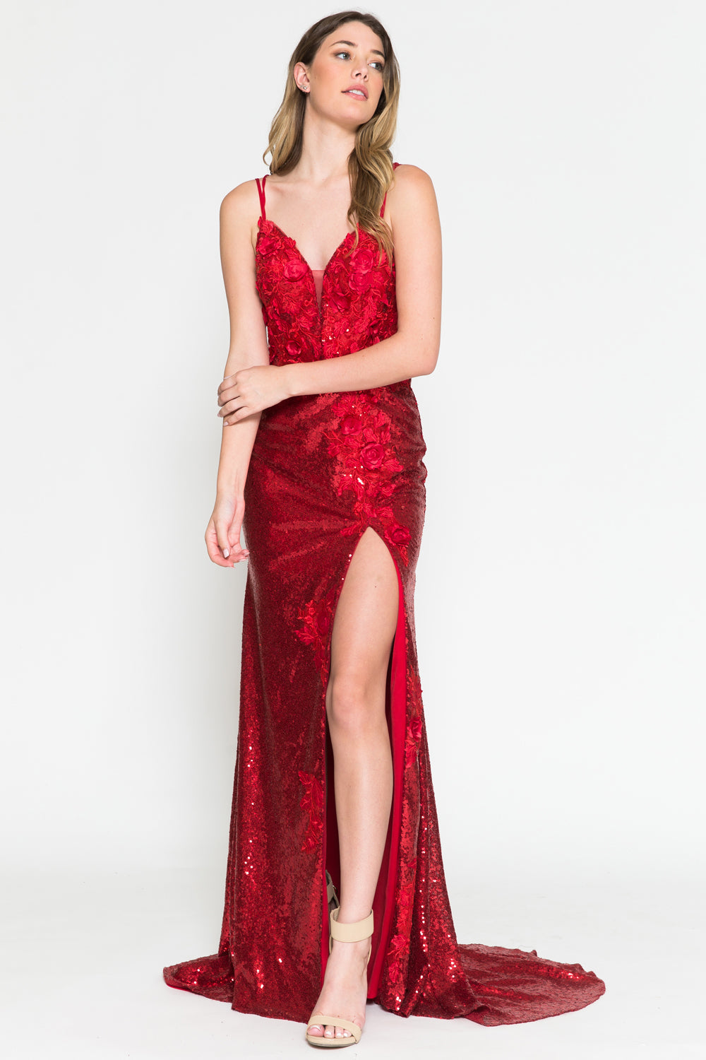 Embroidered Sequin Slit Flower Detailed Long Evening & Wedding Dress AC5020