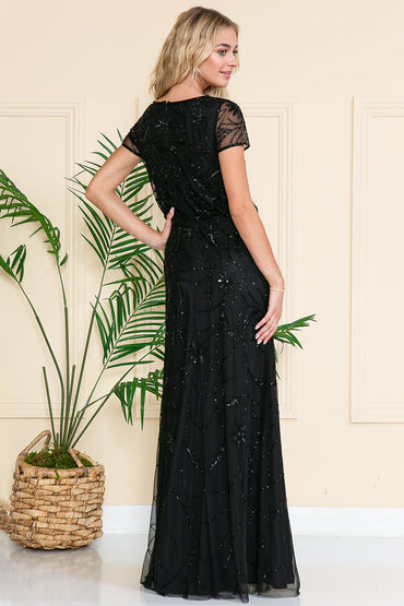 Short Sleeeves Glitter Embellished Long Mother Of The Bride Dress-1