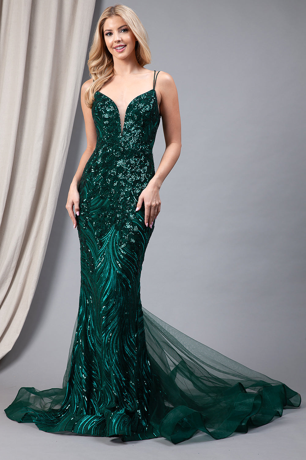 Embroidered Sequins Tulle Skirt Illusion V-Neck Long Prom Dress AC7021-4