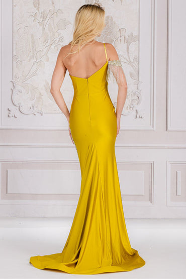 One Shoulder Strap Fringe Embellished Evening Gown w/ V-Neckline & Sexy Leg Slit AC3017-1