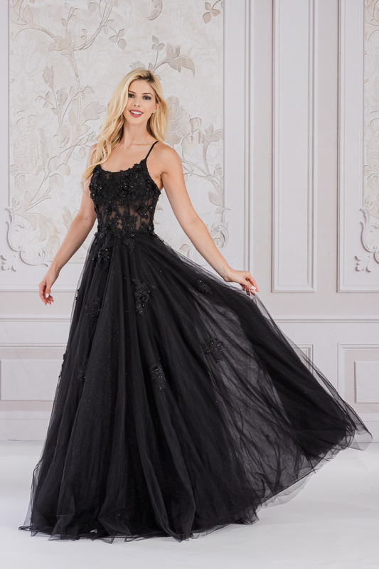 Charming Floral Lace Embellished Long A-line Prom Dress w/ Boat Neckline & Layered Skirt AC7035-0