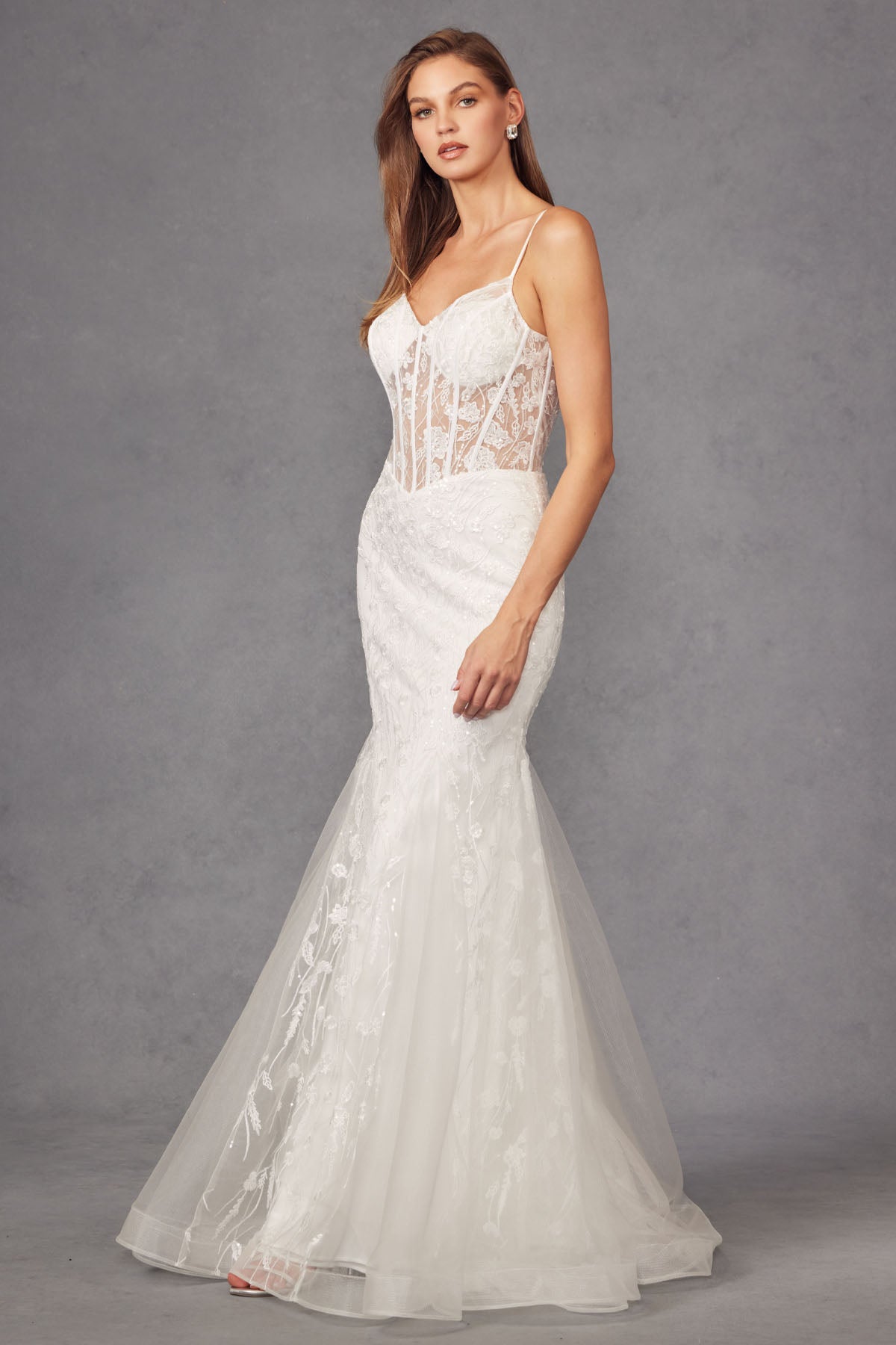 Floral Lace Embellished Maxi Wedding Gown w/ Sweetheart Neckline & Sheer Corset Bodice JTJT2441SW-4