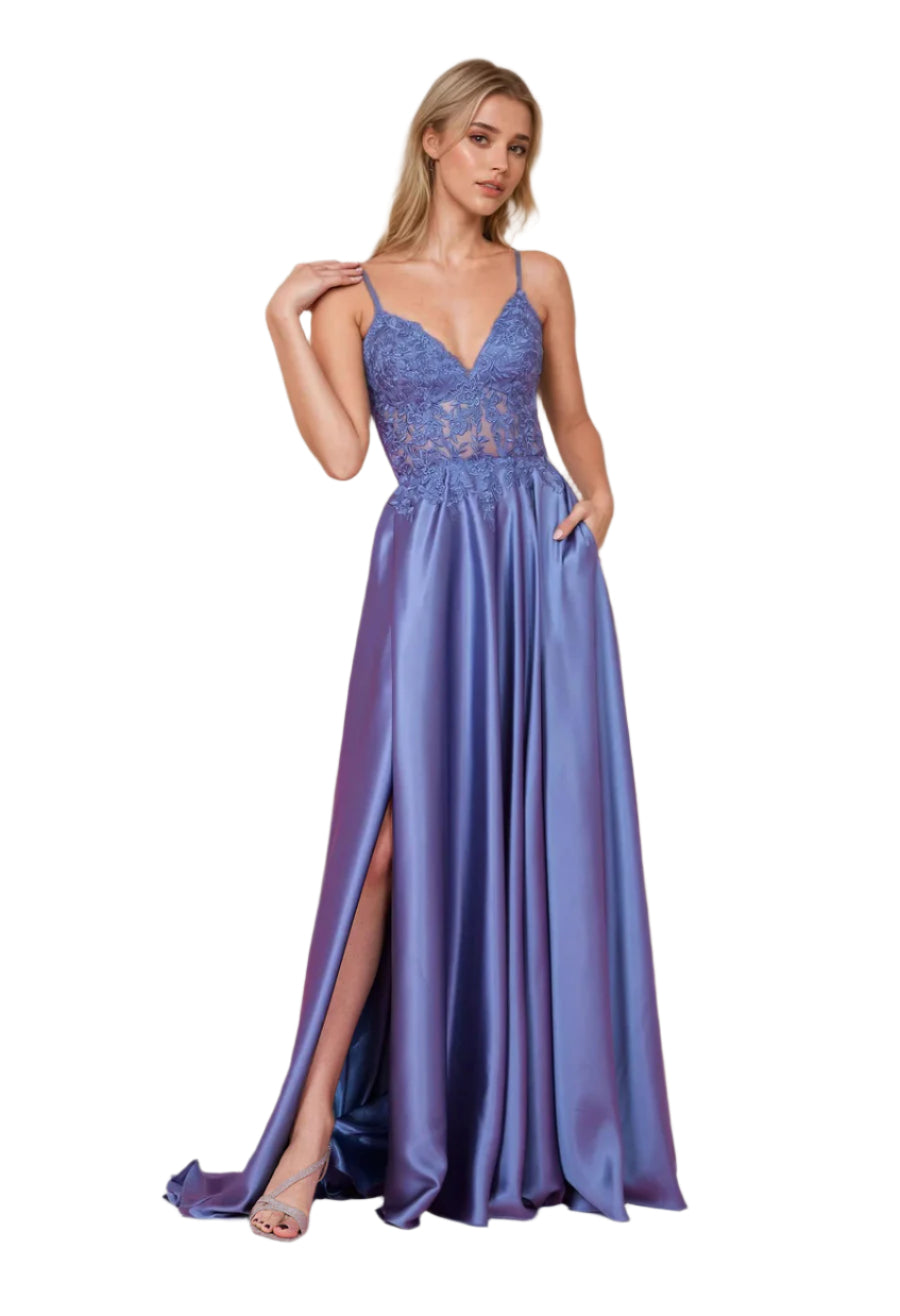 Kos Couture Full-Length Chiffon Lace Illusion Formal Gown Prom Dress-5