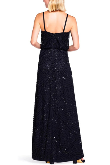 Adrianna Papell Spaghetti Strap V-Neck Blouson Zipper Back Embellished Mesh Dress-1