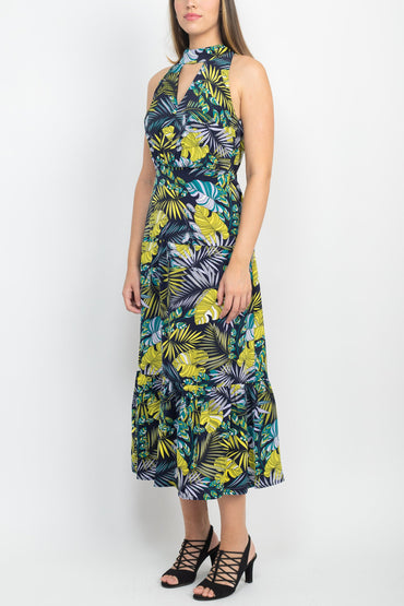 Sam Edelman Halter Tie Neck Keyhole Front Sleeveless Elastic Waist Multi Print Satin Dress-1