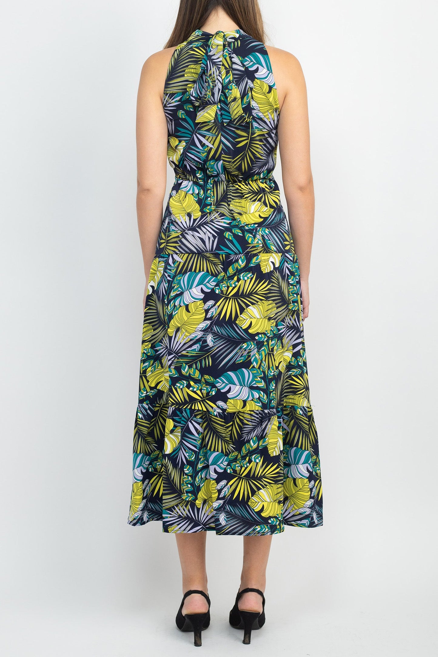 Sam Edelman Halter Tie Neck Keyhole Front Sleeveless Elastic Waist Multi Print Satin Dress-2