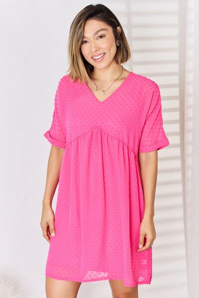 Zenana Swiss Dot Rolled Short Sleeve Babydoll Dress-3