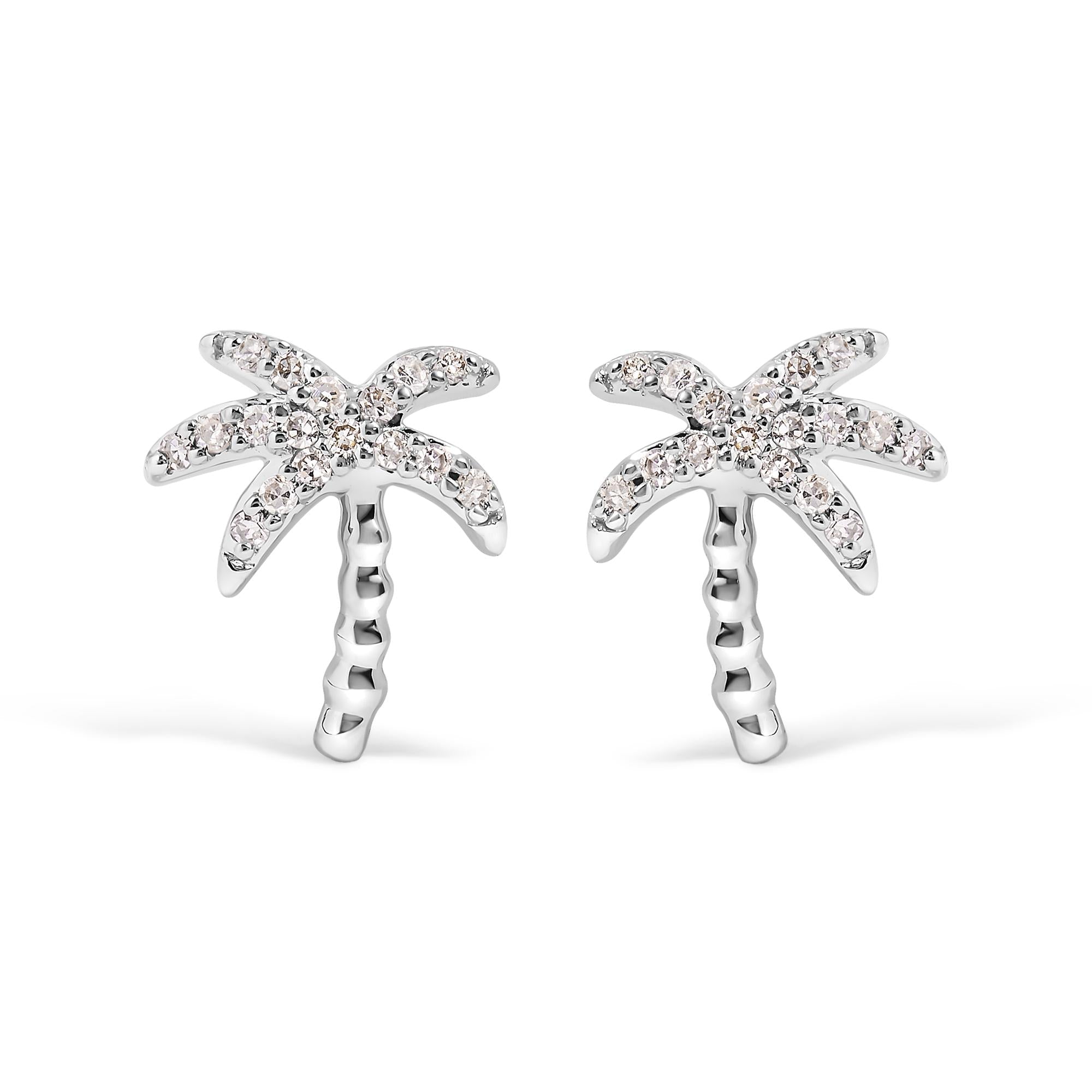 10K White Gold 1/10 Cttw Diamond Encrusted Palm Tree Stud Earrings (H-I Color, I1-I2 Clarity)-0