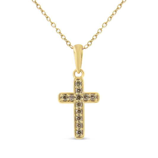 10K Yellow Gold Flashed .925 Sterling Silver 1/4 Cttw Champagne Diamond Cross Pendant Necklace (K-L Color, I1-I2 Clarity) - 18"
