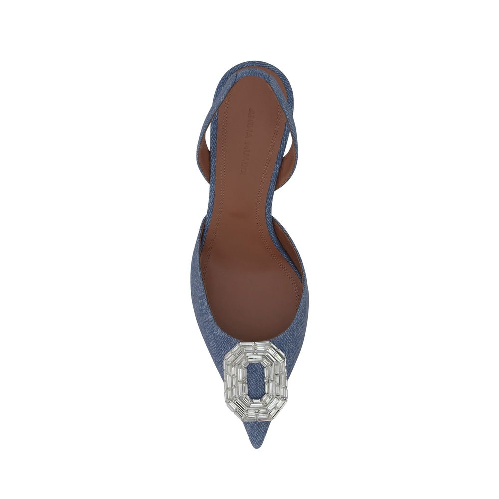 Amina Muaddi Blue Nubuc Leather Mid Heel Pumps