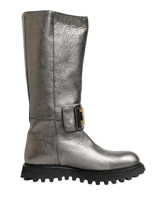 Dolce & Gabbana Metallic Silver Leather Mid Calf Boots Shoes