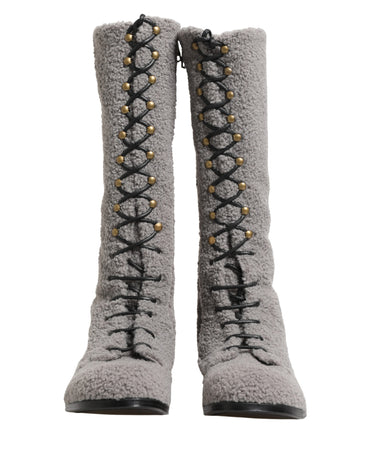Dolce & Gabbana Gray Shearling Lace Up Knee High Boots Shoes
