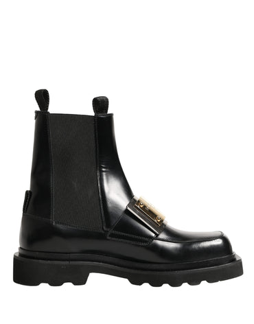 Dolce & Gabbana Black Leather Logo Plaque Ankle Boots Shoes
