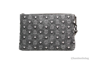 MCM Veritas Medium Dark Grey Denim Monogram Logo Canvas Clutch Pouch Handbag