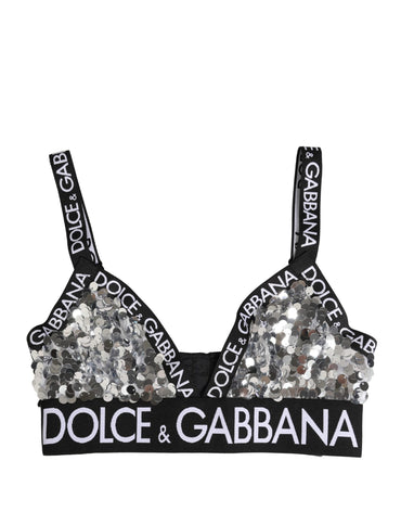 Dolce & Gabbana Silver Sequined Triangle Soft Cup Bra Underwear