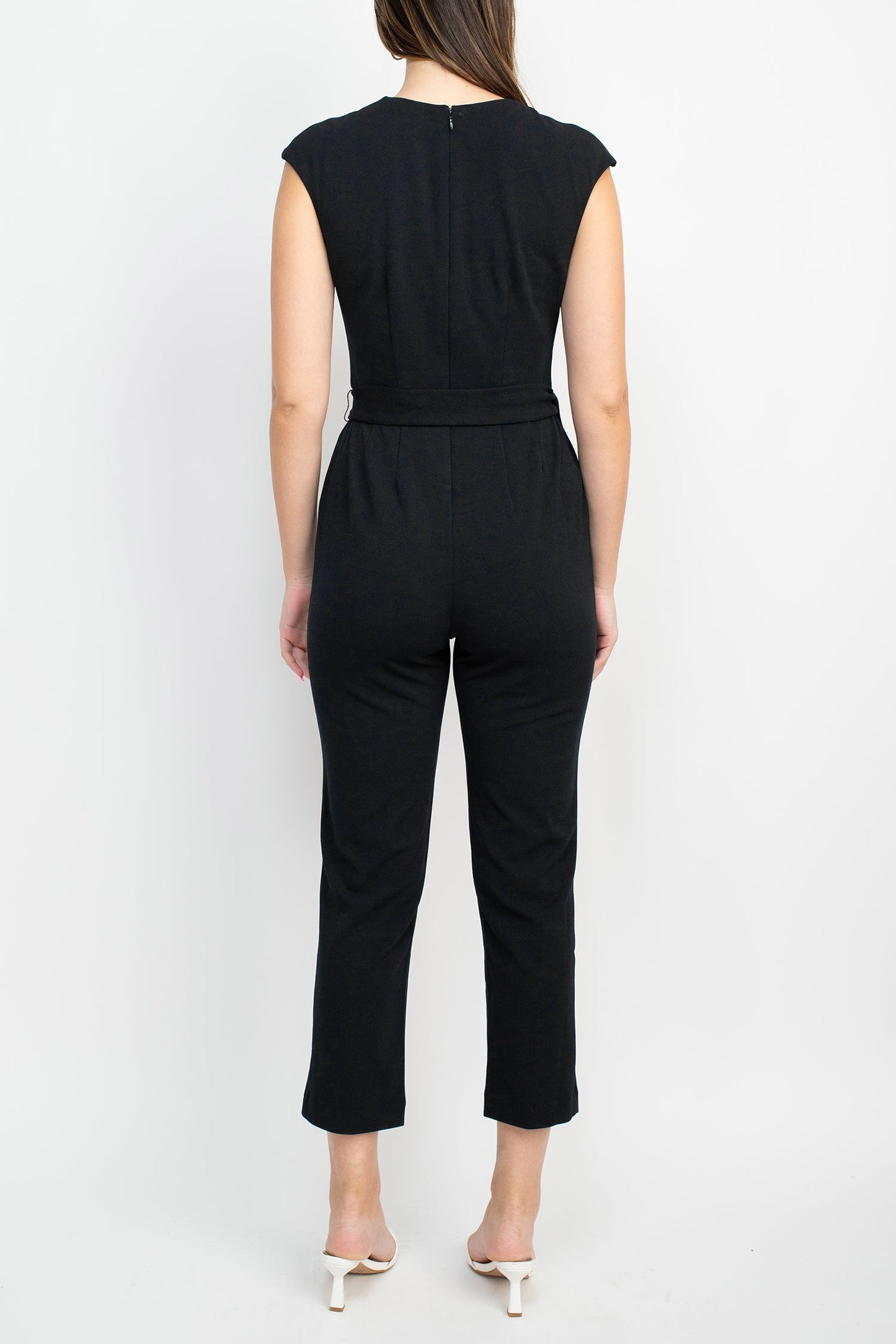 Nine West V-Neck Sleeveless Tie Waist Zipper Back Solid Crepe Jumpsuit with Pockets-2