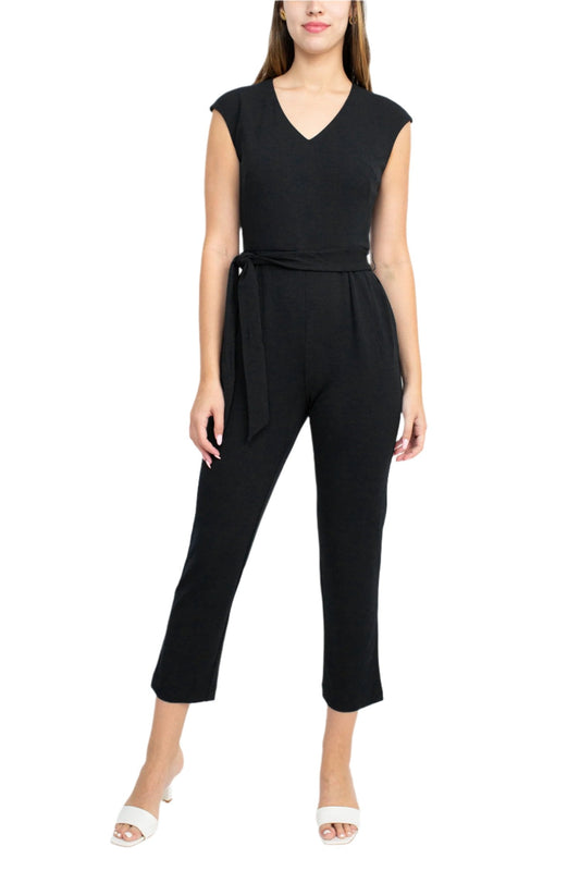 Nine West V-Neck Sleeveless Tie Waist Zipper Back Solid Crepe Jumpsuit with Pockets-0