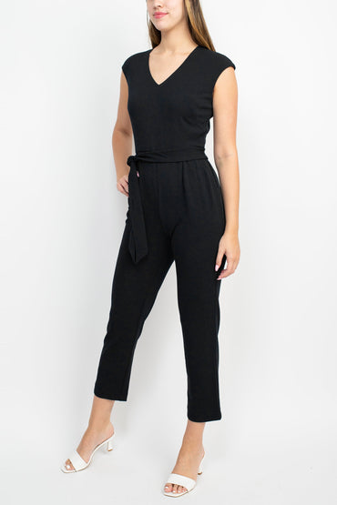 Nine West V-Neck Sleeveless Tie Waist Zipper Back Solid Crepe Jumpsuit with Pockets-1