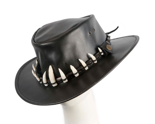 Black Australian Leather Outback Jacaru Hat with 11 Crосоdile Teeth-0