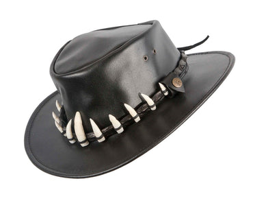 Black Australian Leather Outback Jacaru Hat with 11 Crосоdile Teeth-1