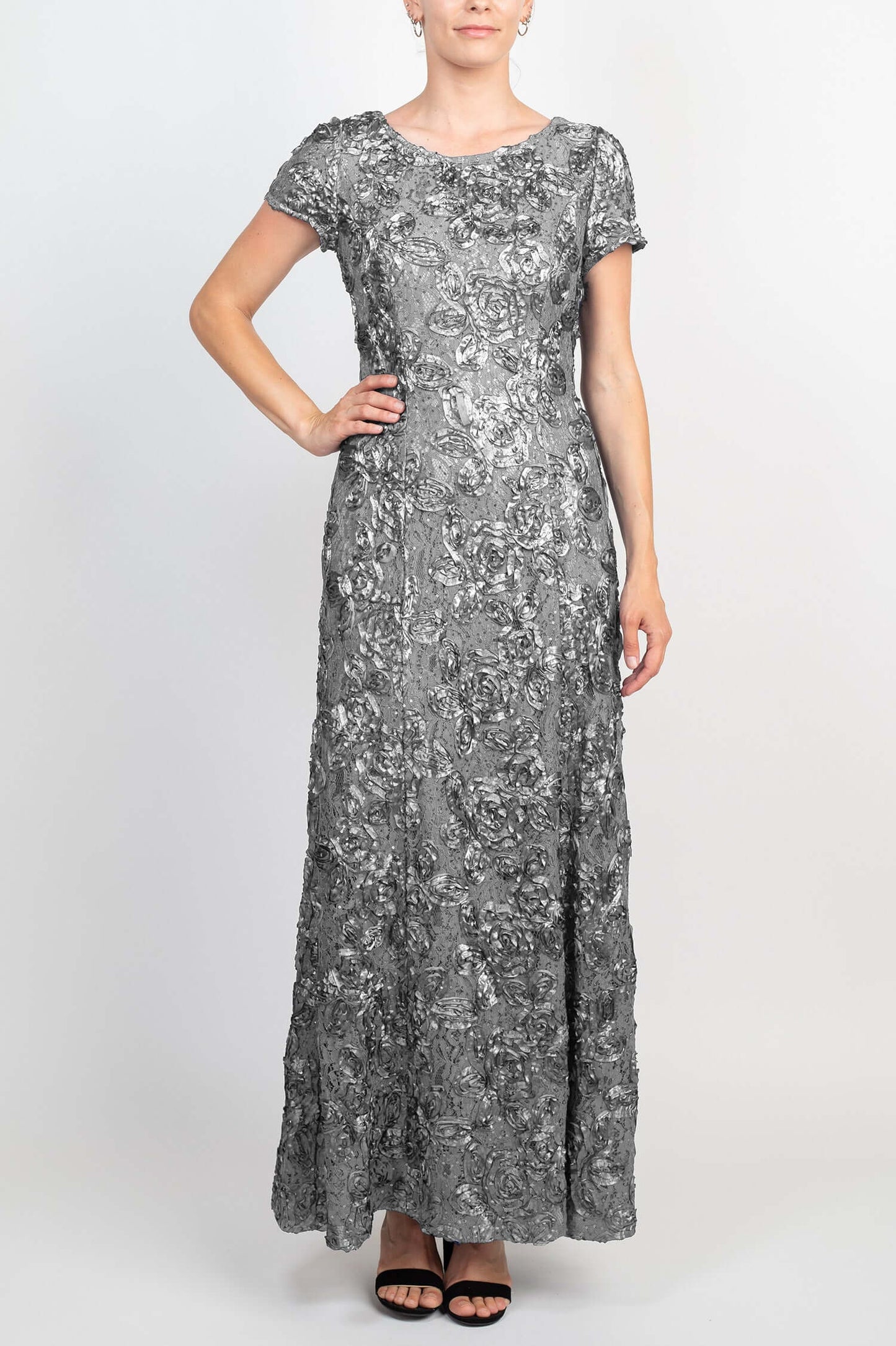 Alex Evenings Scoop Neck Short Sleeve Zipper Back Embellished Lace Dress