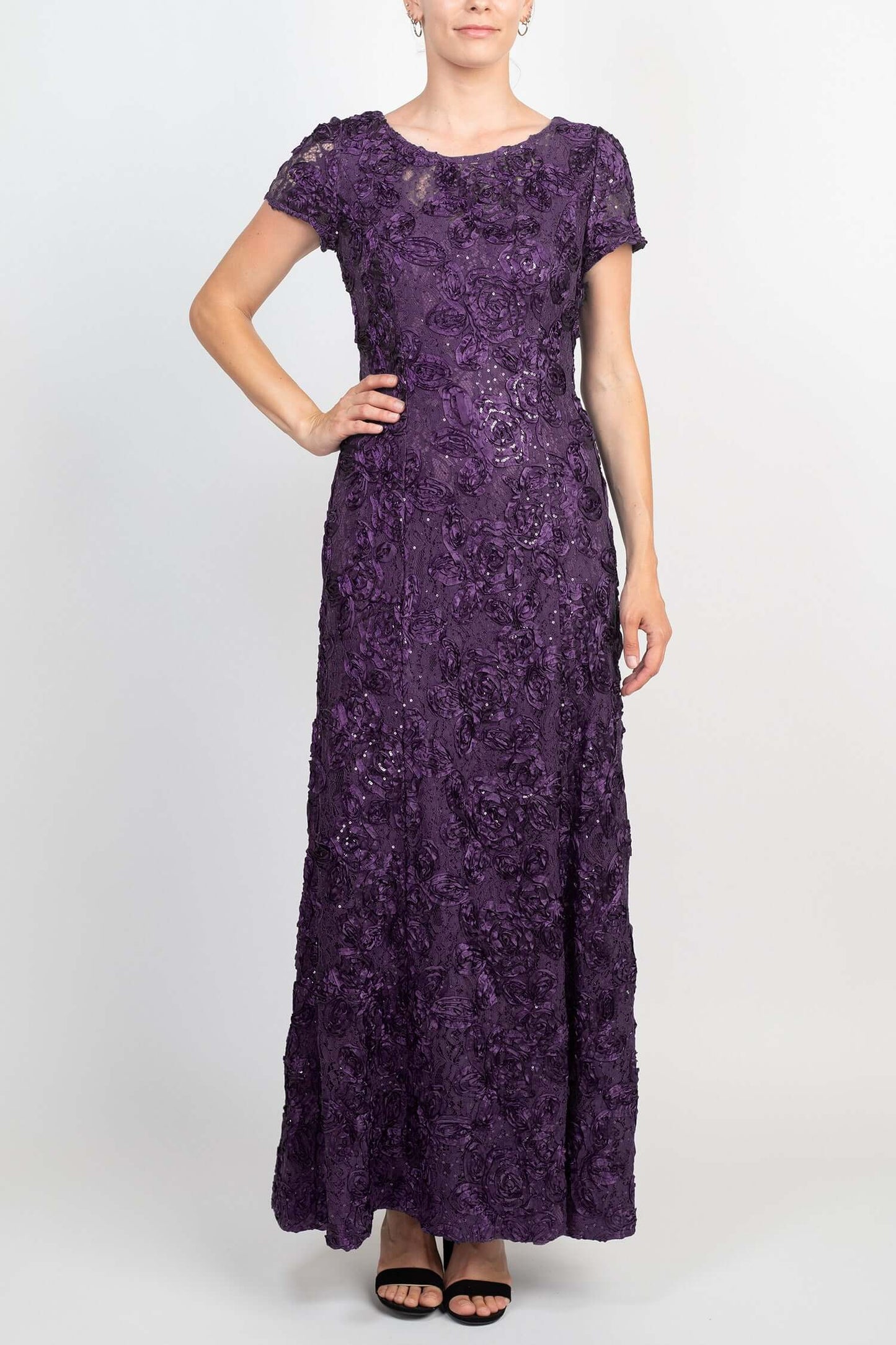 Alex Evenings Scoop Neck Short Sleeve Zipper Back Embellished Lace Dress