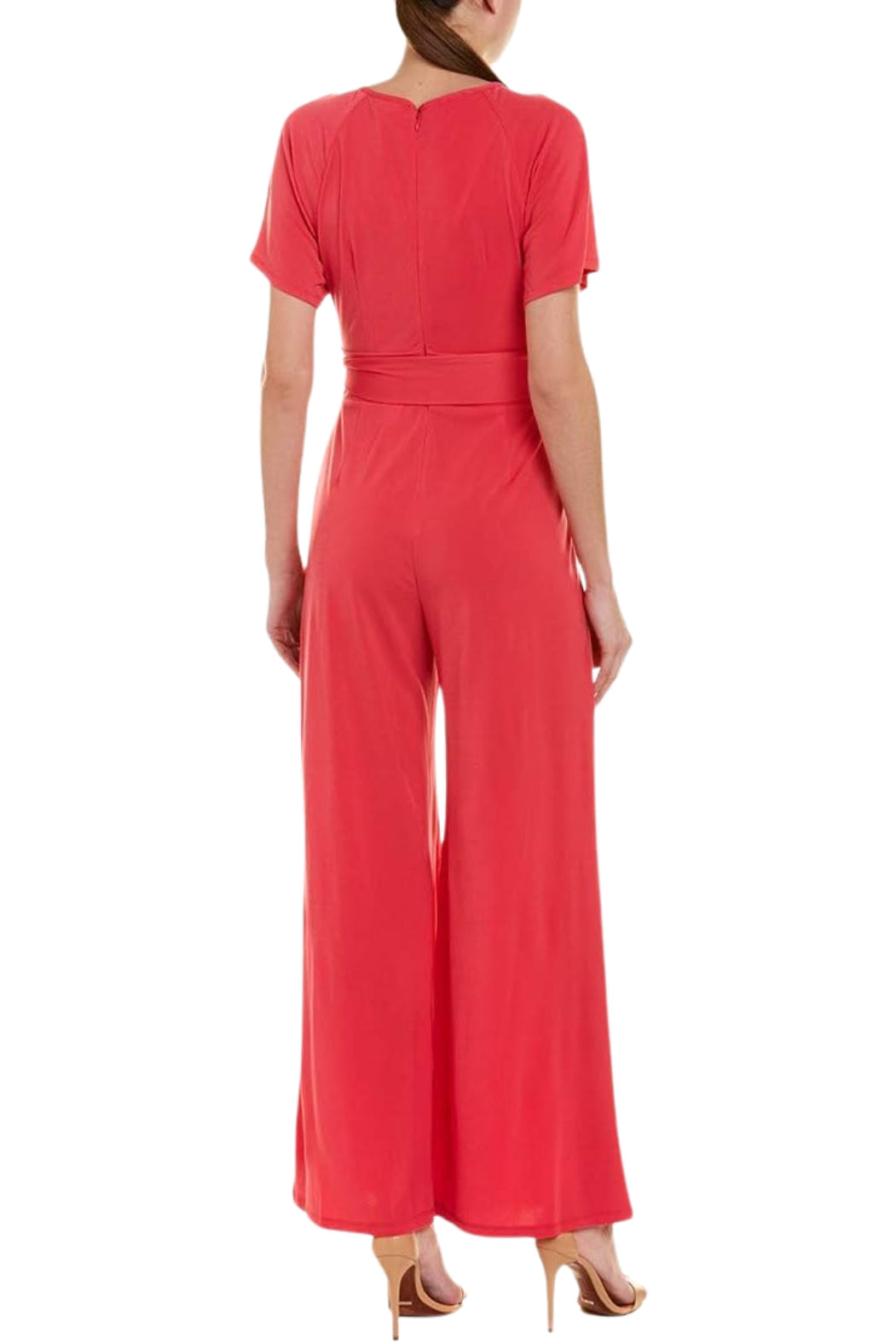 Taylor Scoop Neck Short Sleeve Keyhole Front Tie Waist Solid Jersey Jumpsuit-2