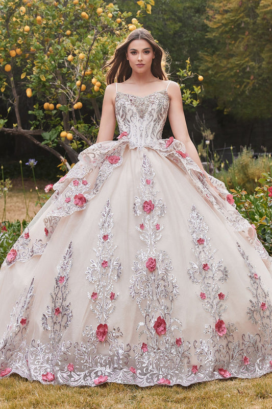 LAYERED TULLE QUINCE BALL GOWN WITH FORAL APPLIQUE CD15703-0