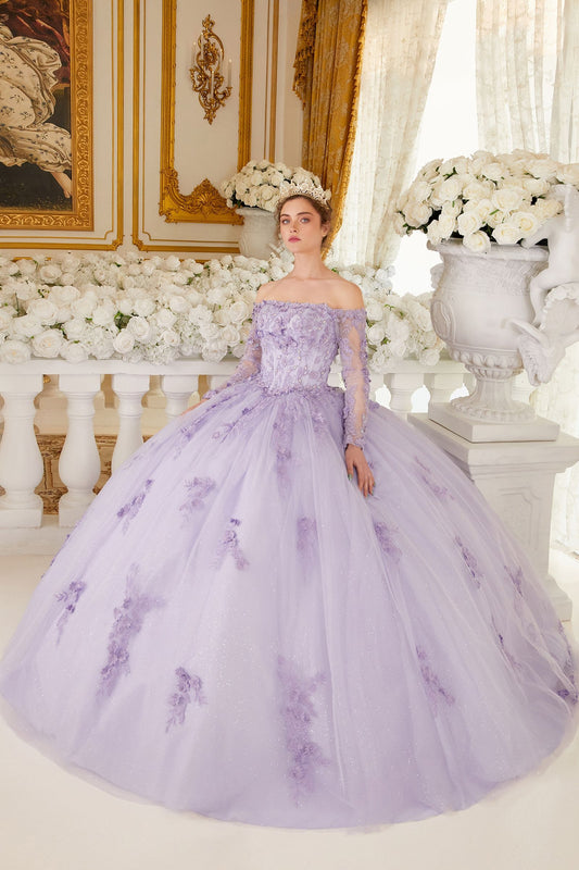 OFF THE SHOULDER LACE LONG SLEEVE BALL GOWN CD15706-0
