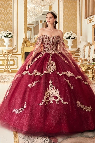 Navy, Burgundy, Emerald | Glitter QuinceaƱera Ball Gown with Gold Embroidery & Off-Shoulder Sleeves CD15711-1