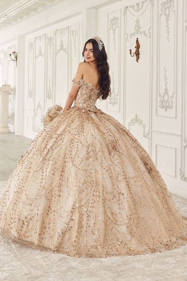 Gold Off-Shoulder Embroidered QuinceaƱera Ball Gown with Beaded Details CD15712-1