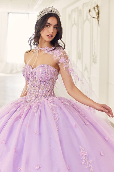 STRAPLESS QUINCEANERA BALL GOWN WITH REMOVABLE CAPLET CD15723-1