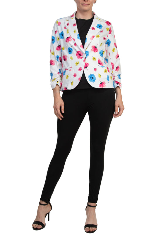 Peace of Cloth Notched Lapel Collar Bright White Floral Print Cropped Fit Blazer-0