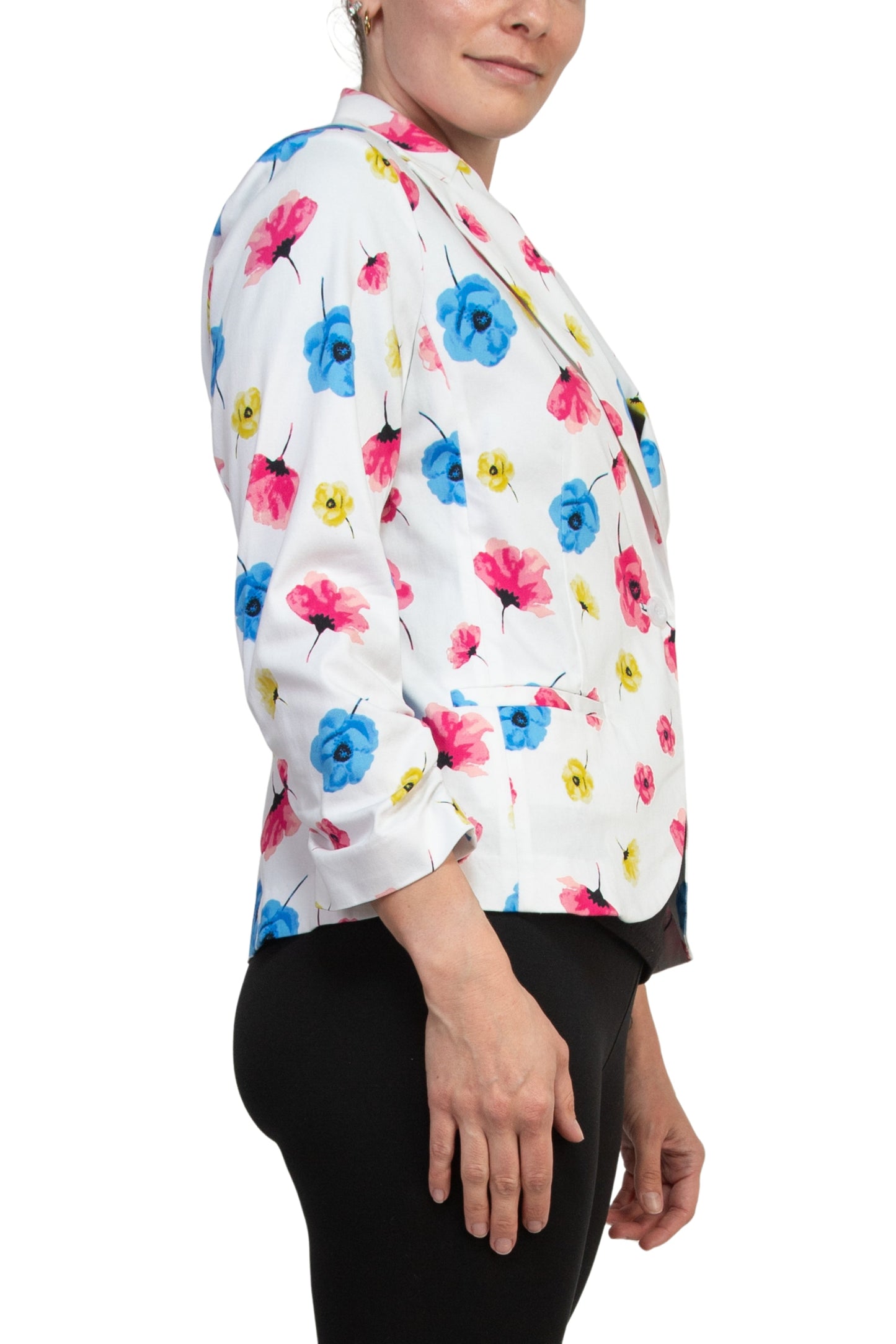 Peace of Cloth Notched Lapel Collar Bright White Floral Print Cropped Fit Blazer-3