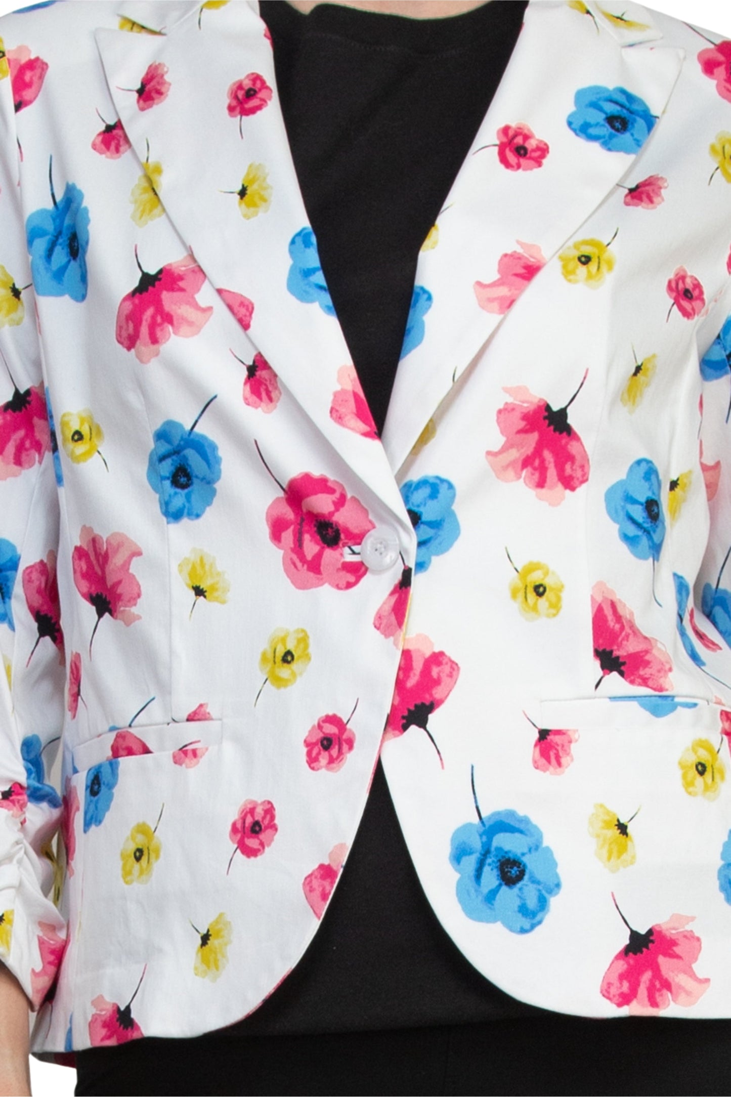 Peace of Cloth Notched Lapel Collar Bright White Floral Print Cropped Fit Blazer-4