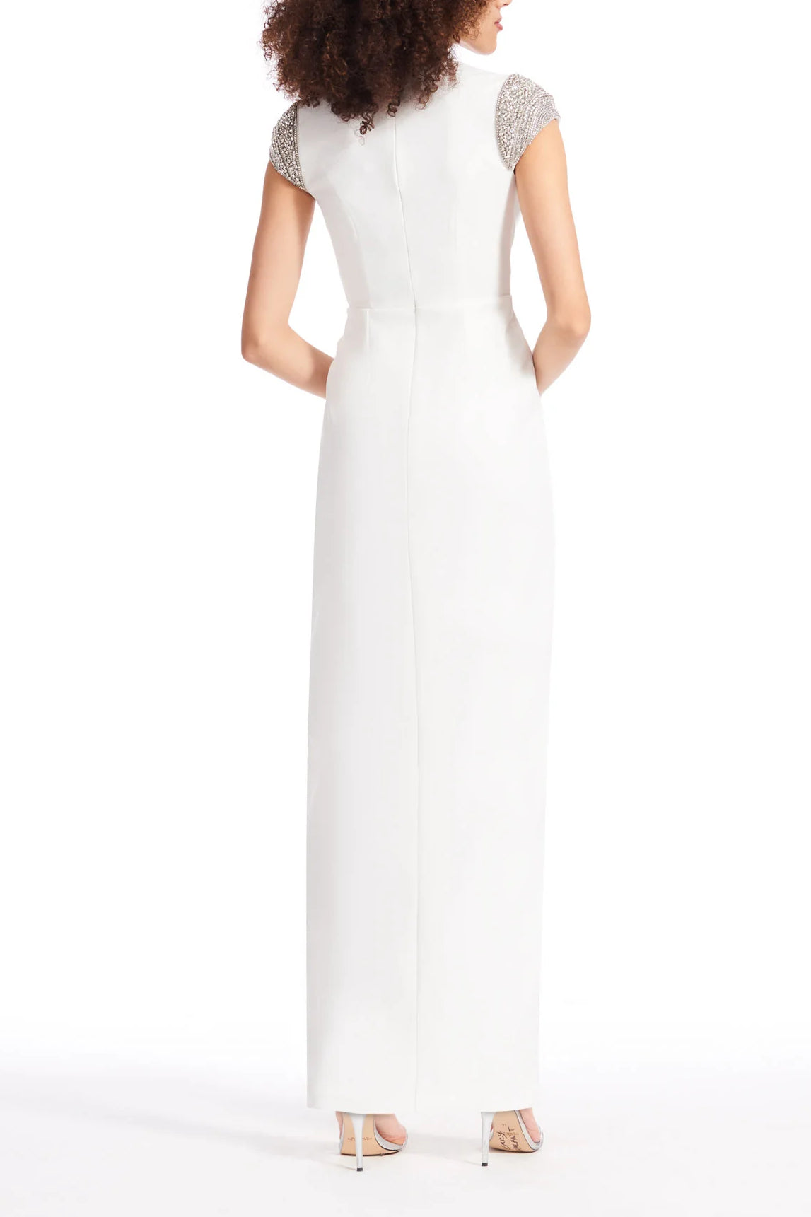 Emily Shalant Boat Neck Short Crystal Cap Sleeves Back Zipper Long Dress