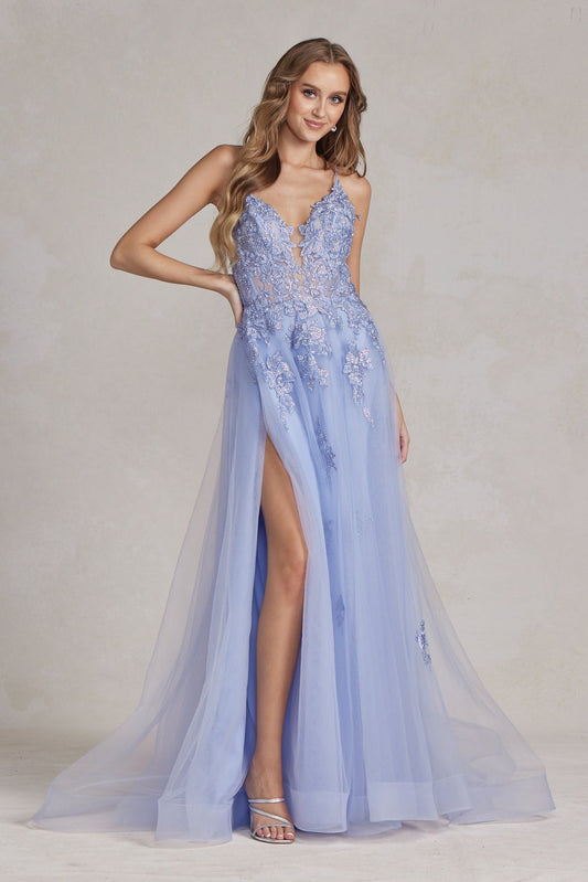 Romantic Floral Lace Embellished A-Line Graduation Dress w/ Charming Leg Slit NXG1149-0