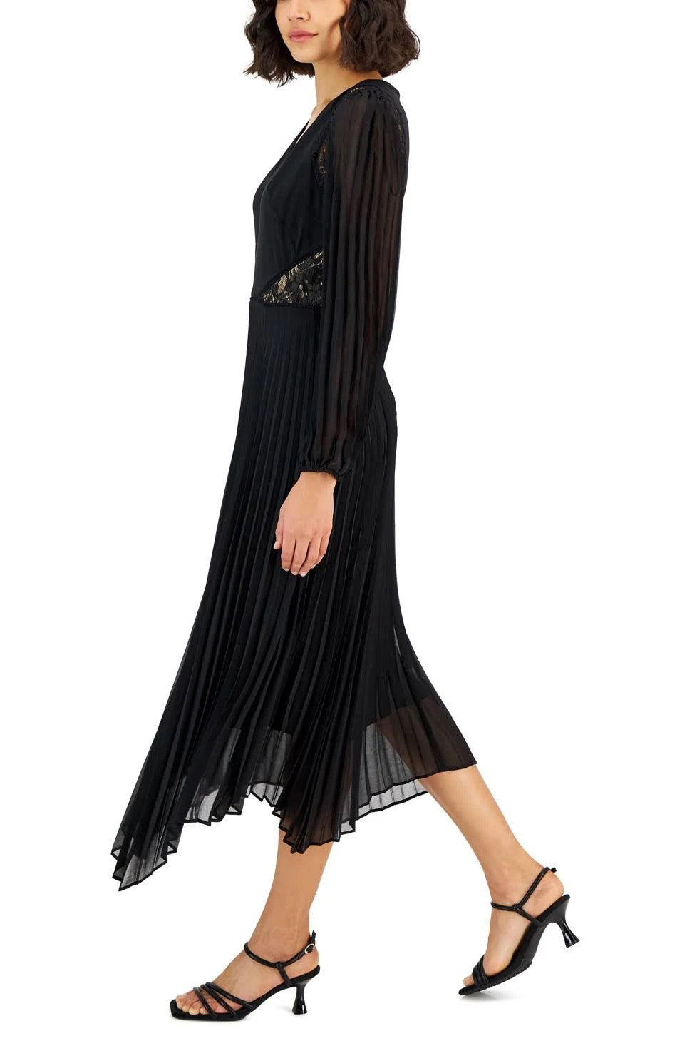 Taylor V-neck elastic cuff long sleeve lace shoulder and side detail zipper back pleated chiffon crepe gown