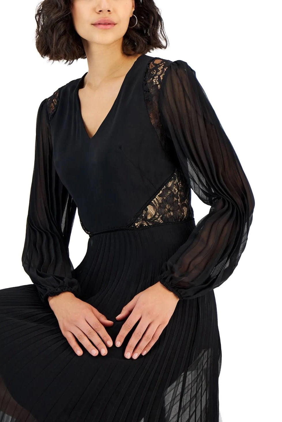 Taylor V-neck elastic cuff long sleeve lace shoulder and side detail zipper back pleated chiffon crepe gown