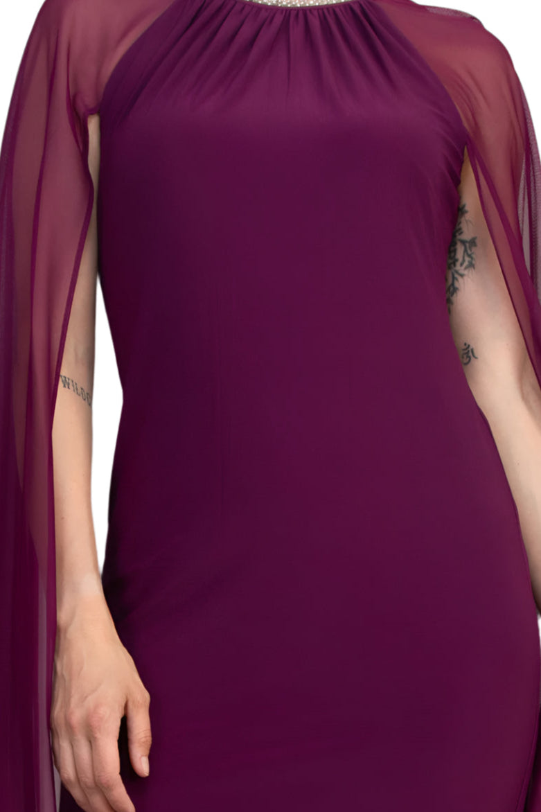 R&M Richards Pearl Bead Round Neckline Gown Dress with Cape-3