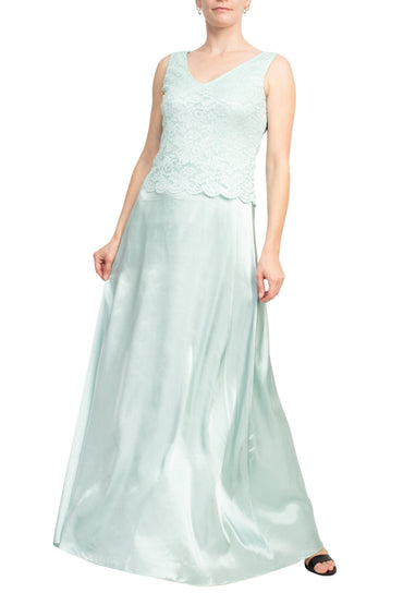 Marina Crew Neck Sleeveless Embroidered Top Zipper Back Solid Satin Dress with Jacket 2 Piece Set