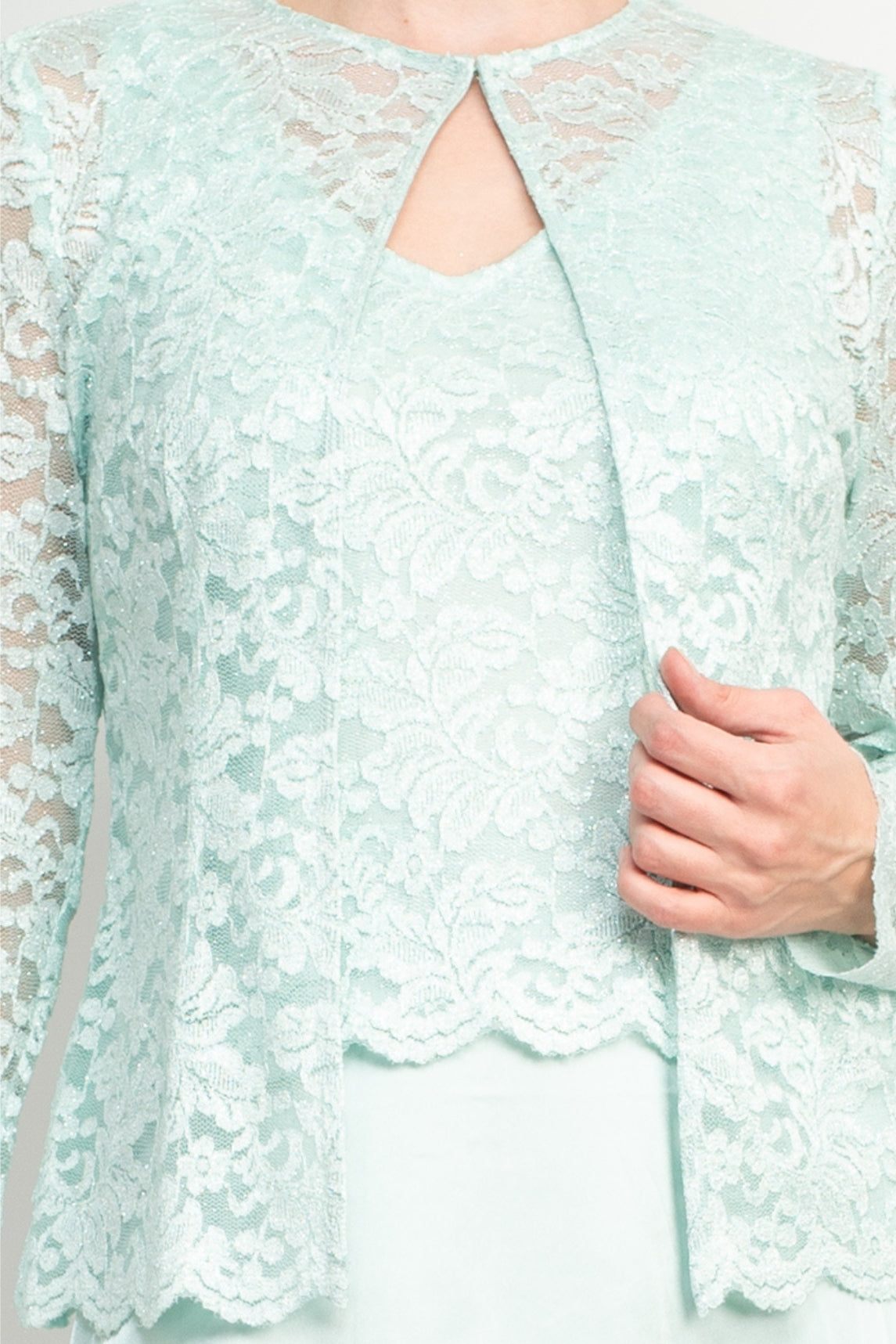 Marina Crew Neck Sleeveless Embroidered Top Zipper Back Solid Satin Dress with Jacket 2 Piece Set