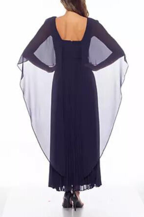 Marina Boat Neck Capelet Pleated Front Zipper Closure Solid Crepe Chiffon Gown - Wholesale