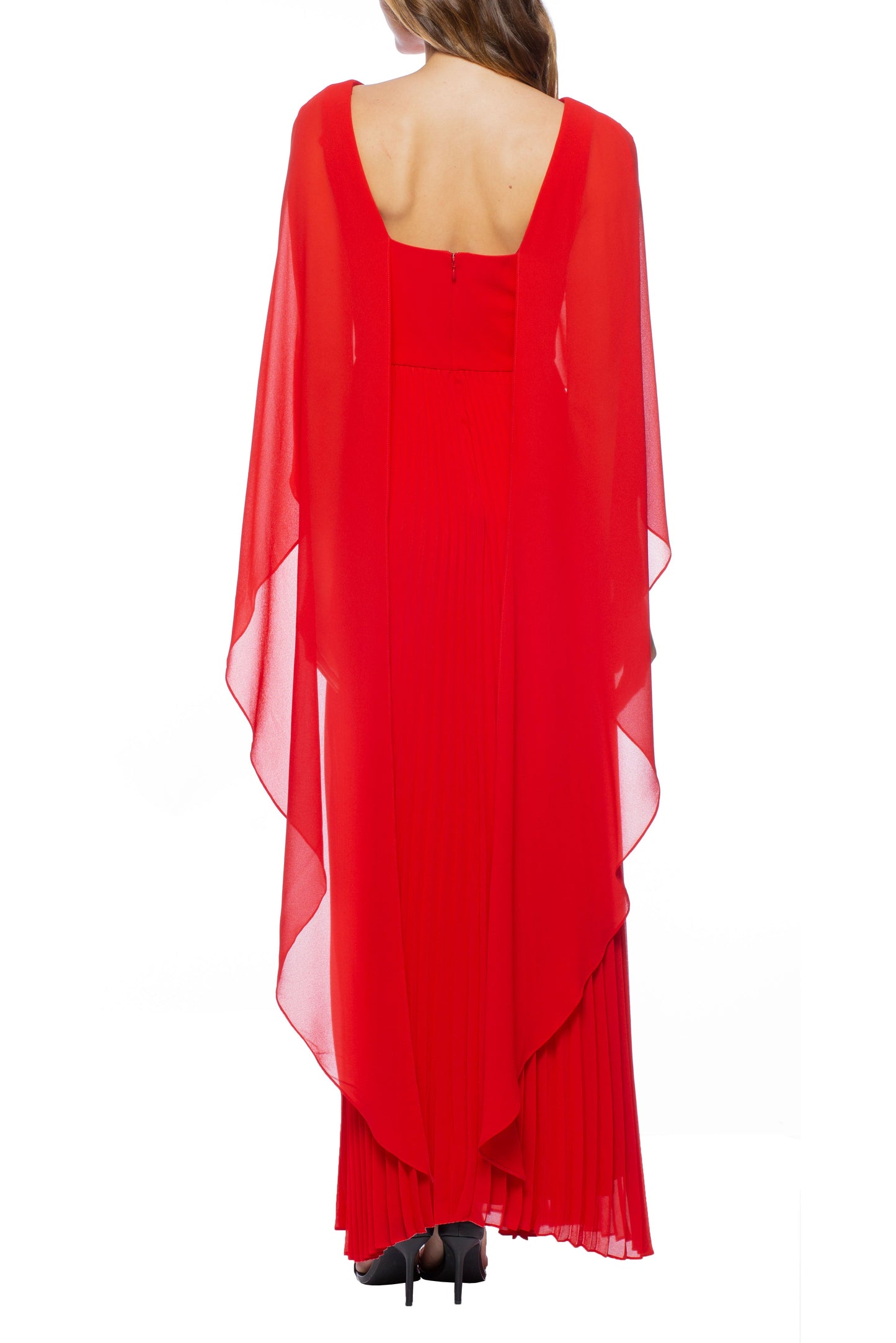 Marina Boat Neck Capelet Pleated Front Zipper Closure Solid Crepe Chiffon Gown - Wholesale