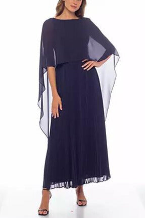 Marina Boat Neck Capelet Pleated Front Zipper Closure Solid Crepe Chiffon Gown - Wholesale