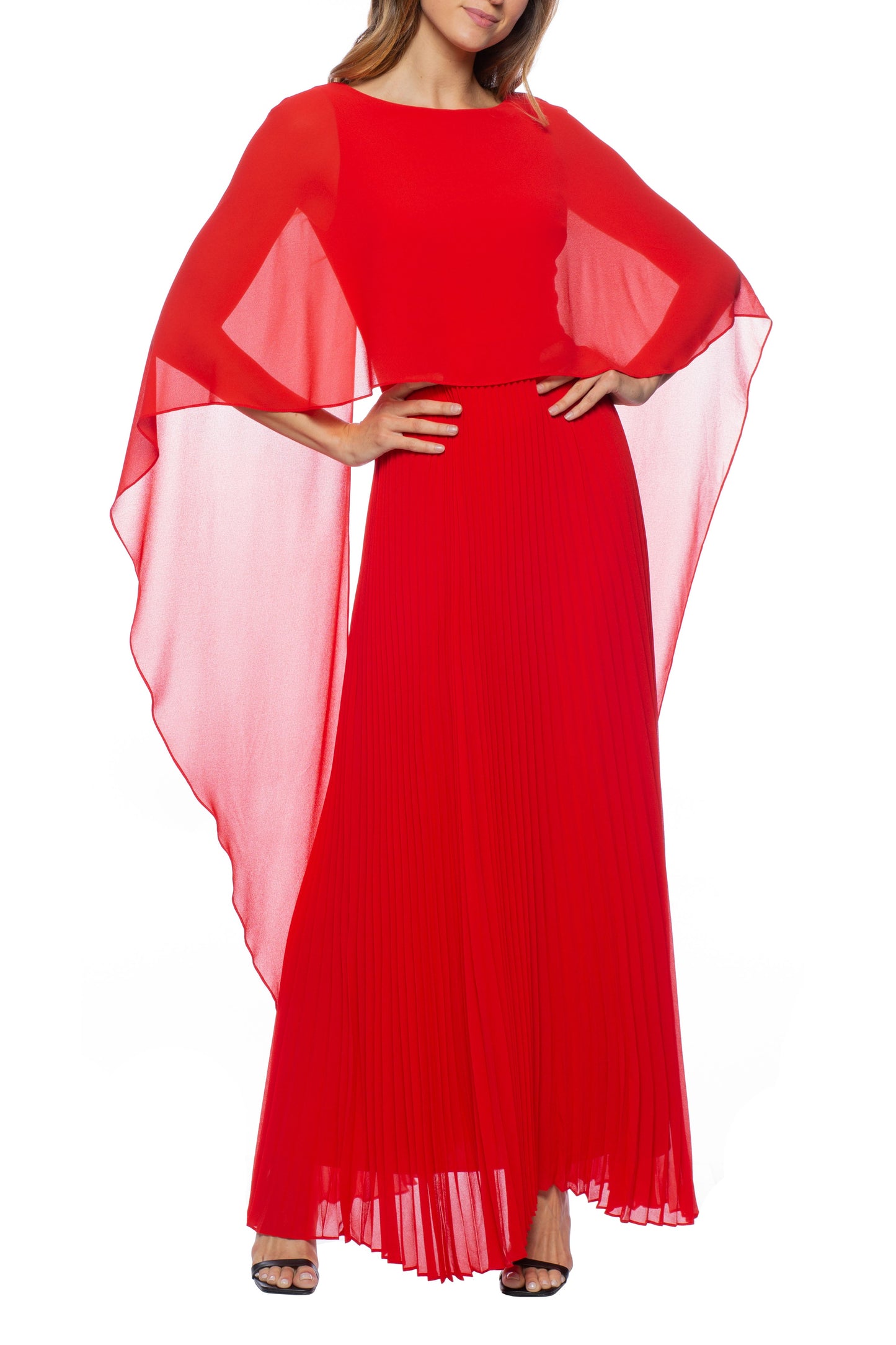 Marina Boat Neck Capelet Pleated Front Zipper Closure Solid Crepe Chiffon Gown - Wholesale