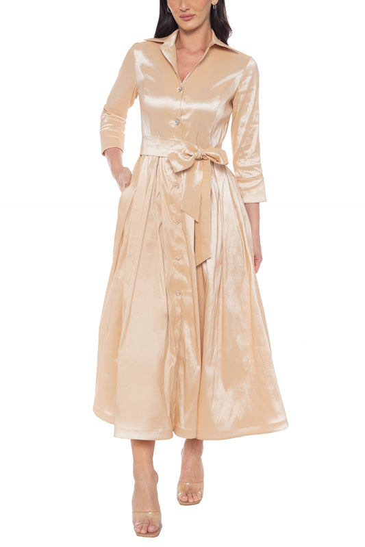 Marina 3/4 Sleeve Point Collar Neck Tie Waist Taffeta Midi A-LIne Dress-0
