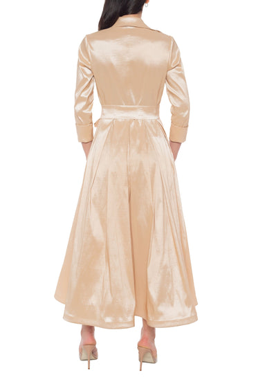 Marina 3/4 Sleeve Point Collar Neck Tie Waist Taffeta Midi A-LIne Dress-1